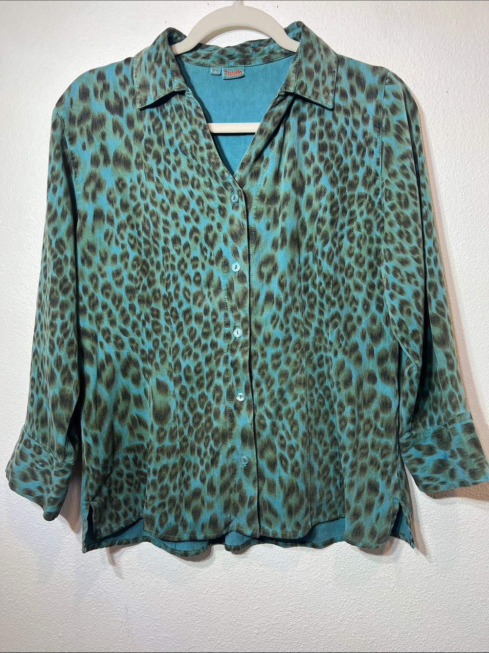 Tianello Teal Animal Print Tencel Button-Up Blouse Size M